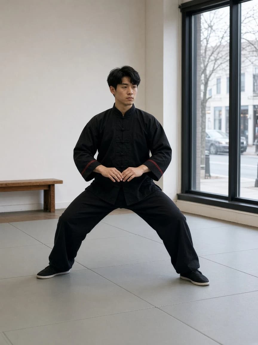 A student in a black training uniform holds a horse stance on pale mats.